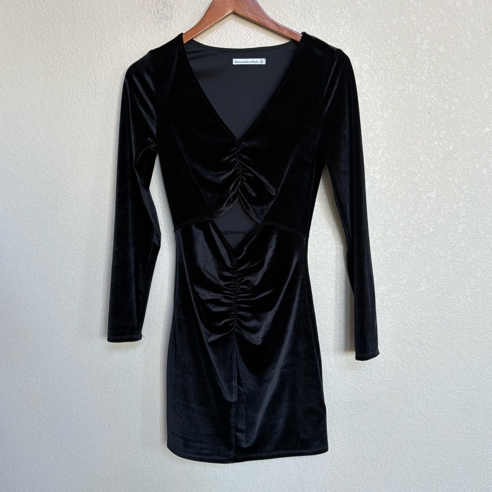 Abercrombie Black Velvet Long Sleeve Ruched Open‎ Front Mini Dress XS Party